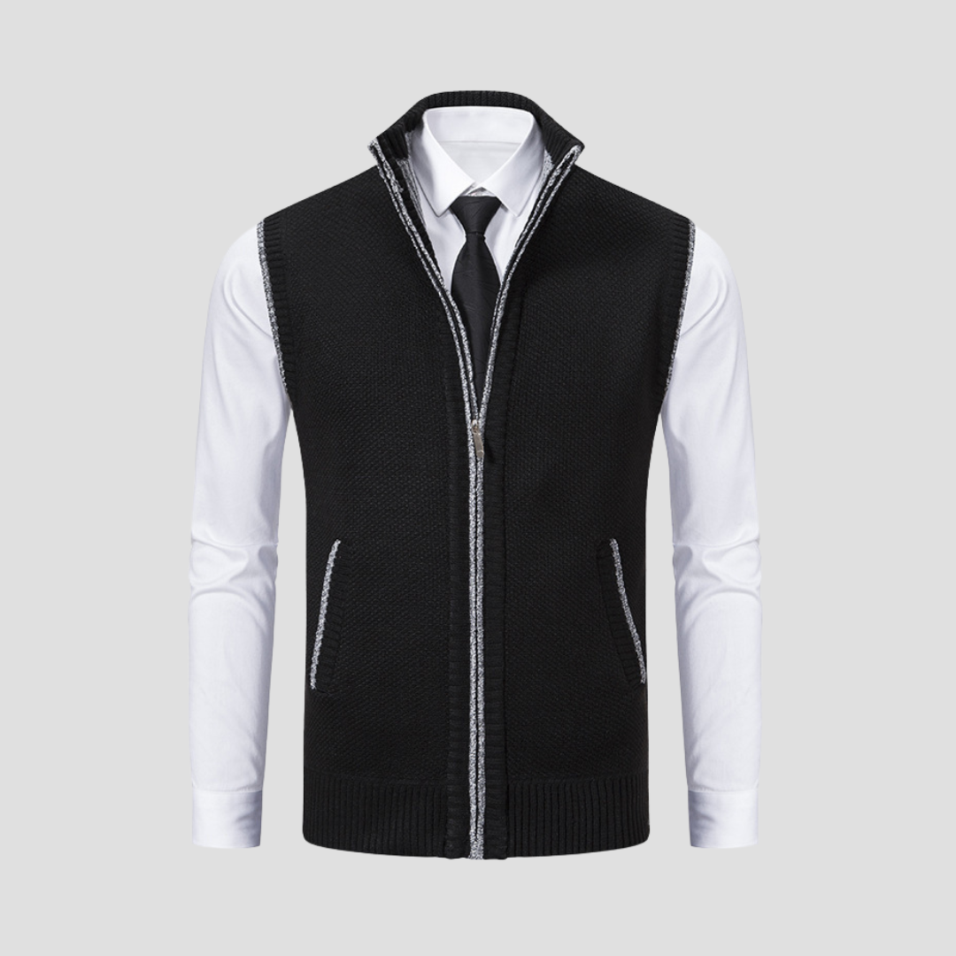 Men's knitted zip gilet, perfect smart casual layering piece for fall winter fashion.