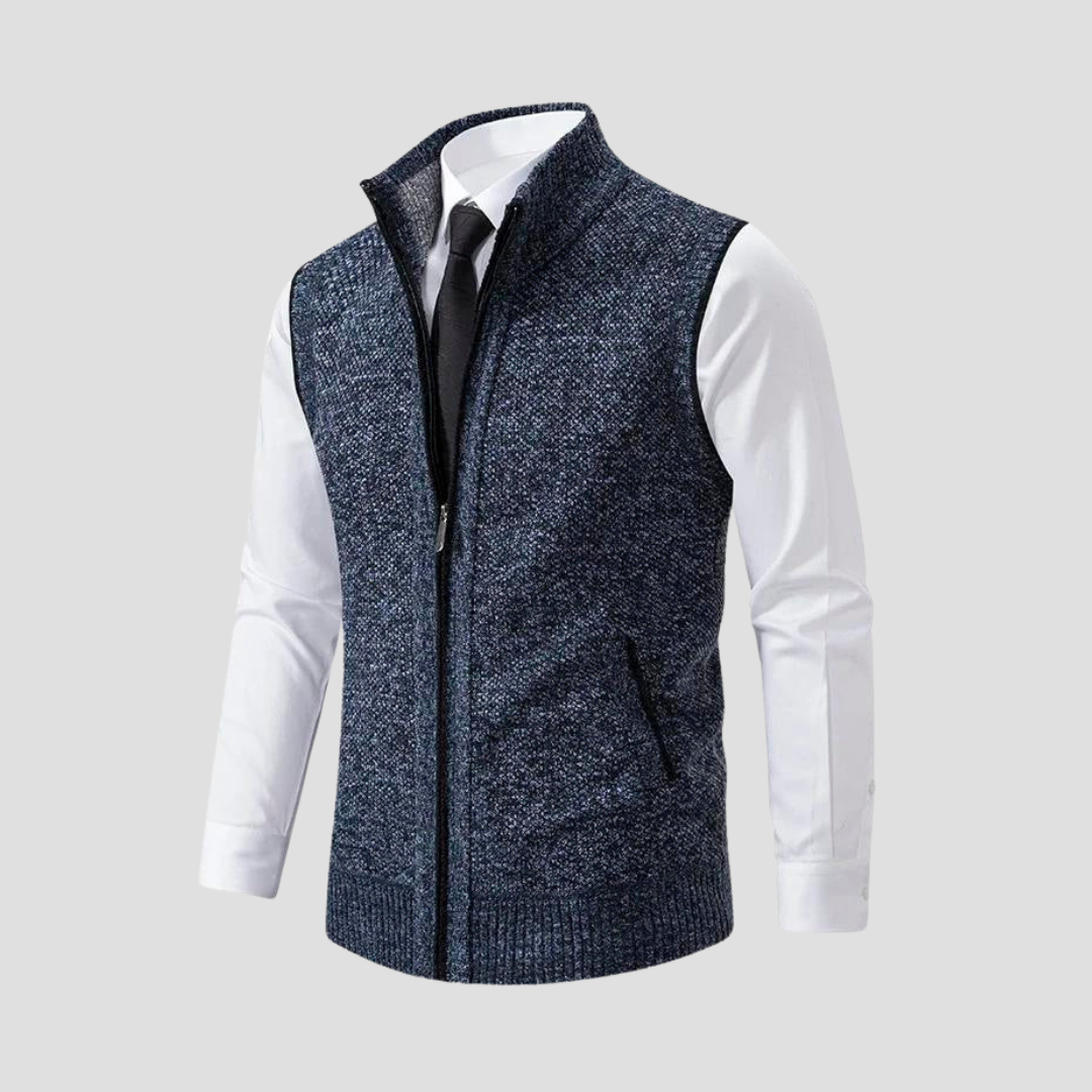 Men's zip-front knitted gilet in a classic style with subtle contrast trim detail.