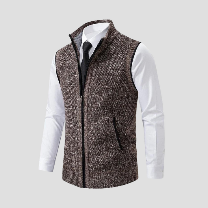 Smart casual men's knitted gilet, an essential layering vest for polished fall outfits.