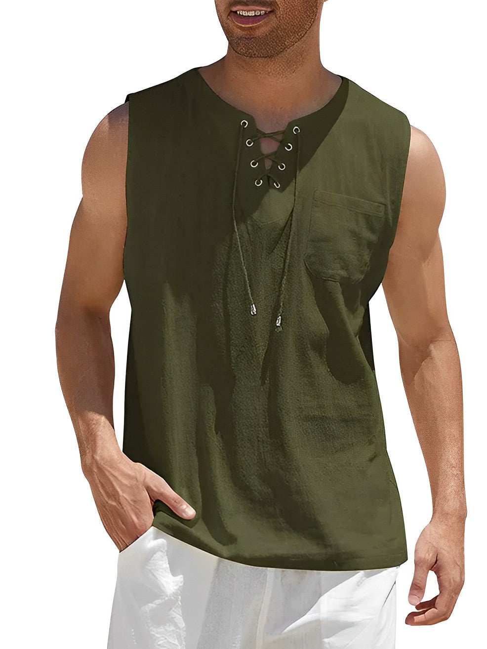 Men's lace-up V-neck tank top, sleeveless & casual. Perfect for summer and warm weather fashion.