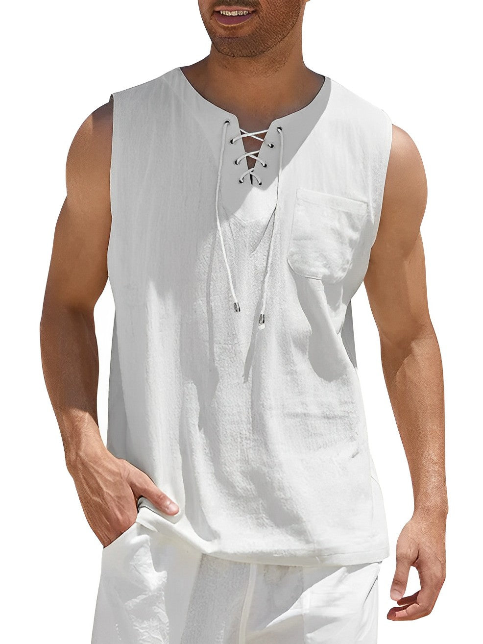 Lightweight men's lace-up V-neck tank top, casual & stylish. Loose fit summer essential for beach or vacation.