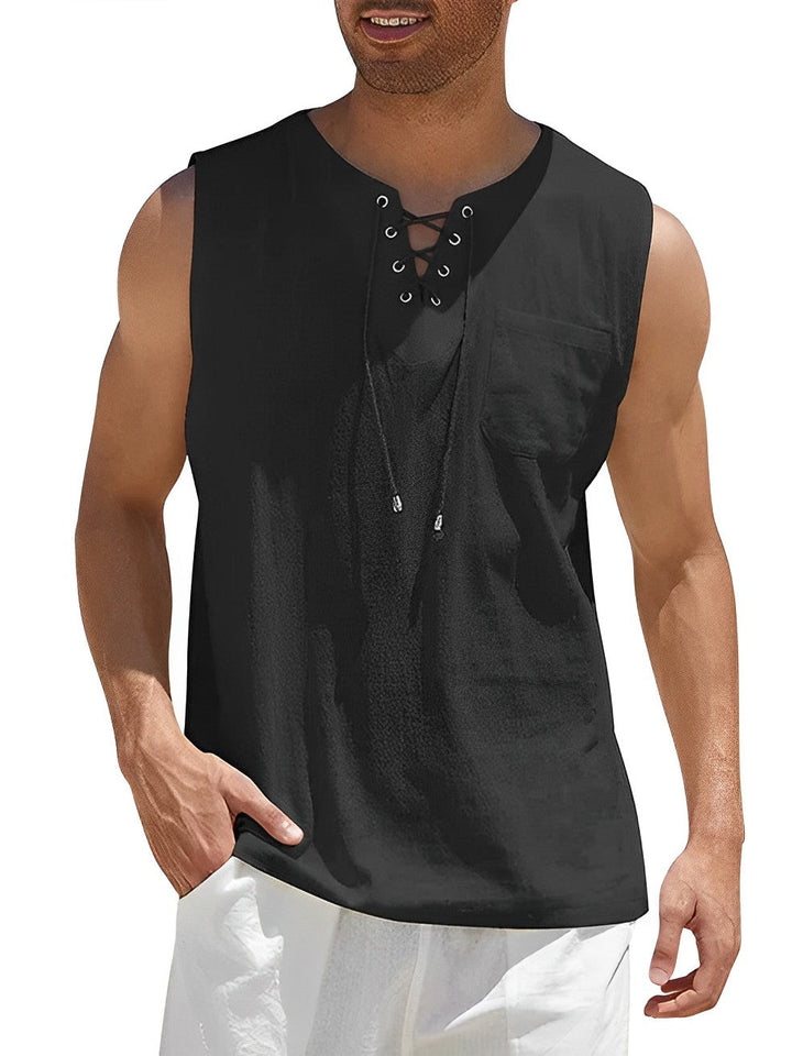 Stylish men's loose fit V-neck tank top with lace-up detail. Ideal lightweight summer vacation beachwear.