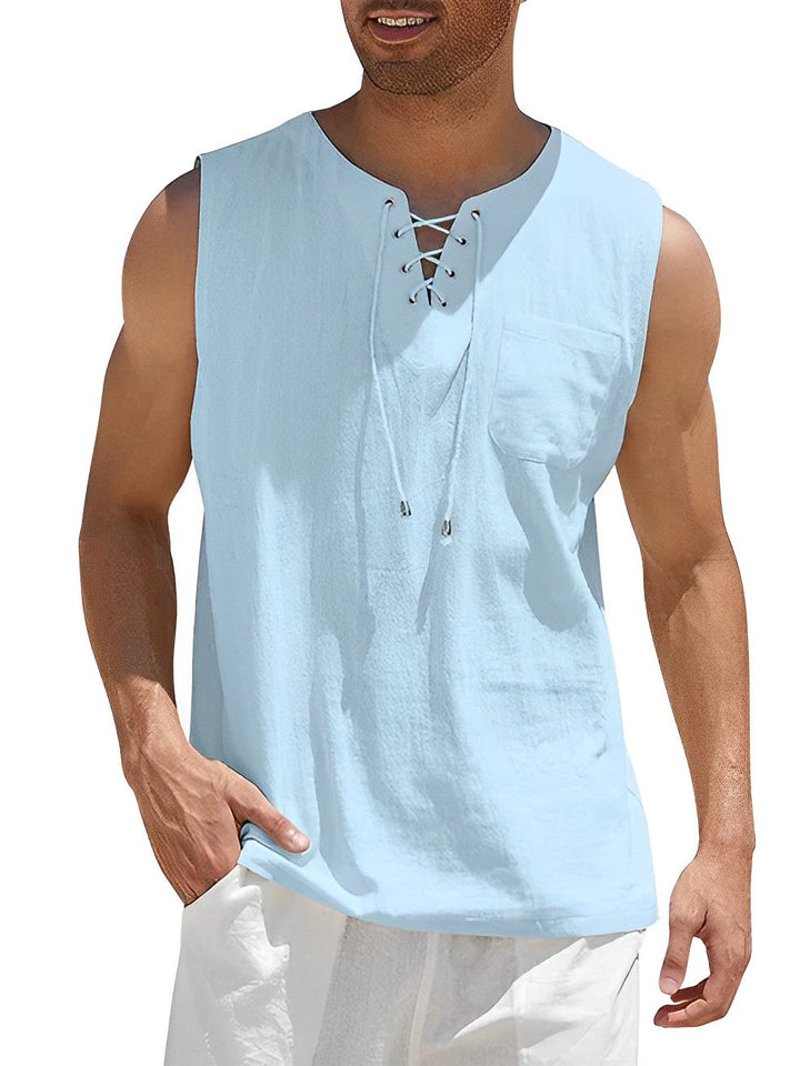 Lightweight men's lace-up V-neck tank top, casual sleeveless design. Great for summer, vacation, and beachwear.