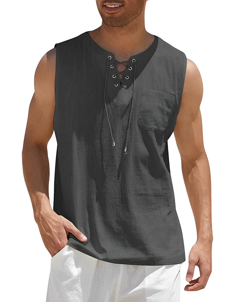 Casual men's sleeveless V-neck tank top with stylish lace-up front. Loose fit for summer comfort & fashion.