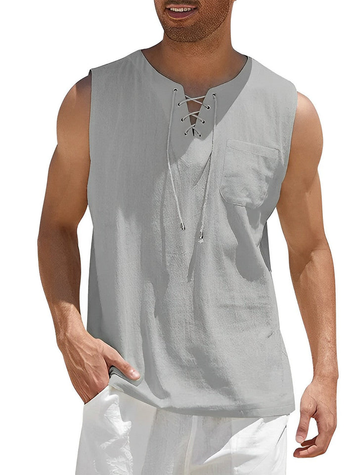 Summer men's fashion: loose fit V-neck tank top with lace-up design. Lightweight & stylish beachwear.