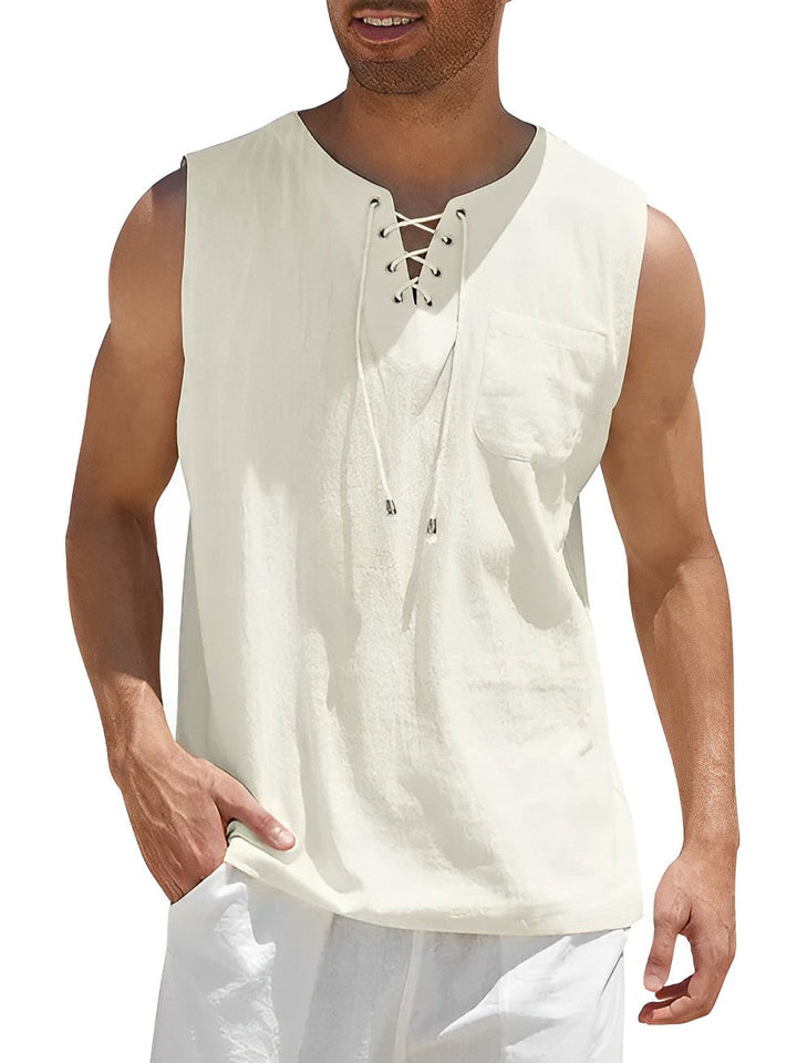 Sleeveless men's V-neck tank top with functional lace-up front. Casual, loose fit for summer fashion & comfort.