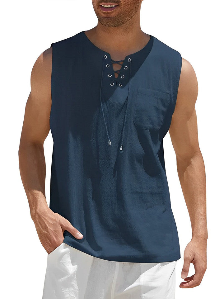 Loose fit men's tank top, V-neck, lace-up detail. Perfect casual beachwear for summer and vacation.