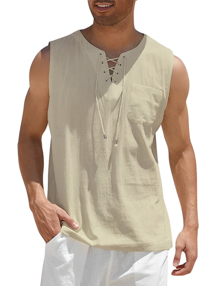 Modern men's V-neck tank top, lace-up design, sleeveless. Stylish lightweight summer fashion for warm weather.