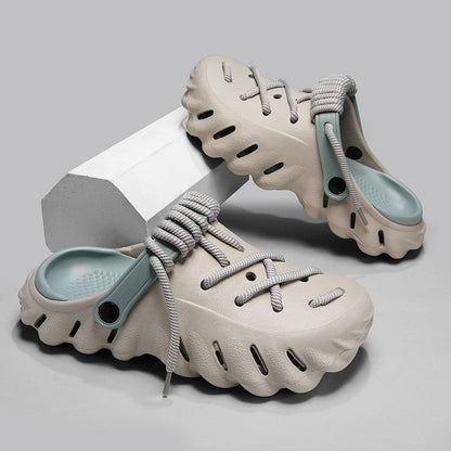 Men's comfortable laced clogs, breathable, versatile & water-friendly for outdoor activities.