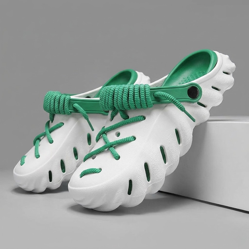 Comfortable mens clogs, laced for a secure fit, breathable and water-friendly for outdoor.