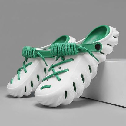 Comfortable mens clogs, laced for a secure fit, breathable and water-friendly for outdoor.