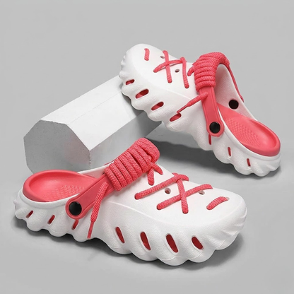 Unique style mens casual footwear: lightweight, breathable laced clogs for everyday comfort.