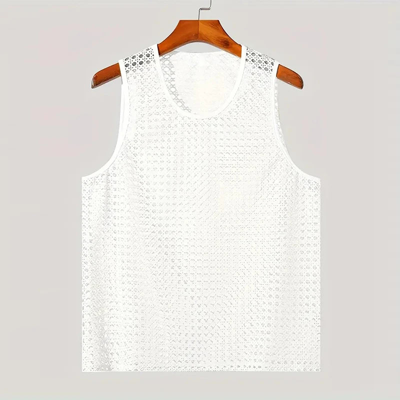 Stylish men's Laguna Aero-Mesh tank top, modern fit, sleeveless, perfect for breathable summer comfort.