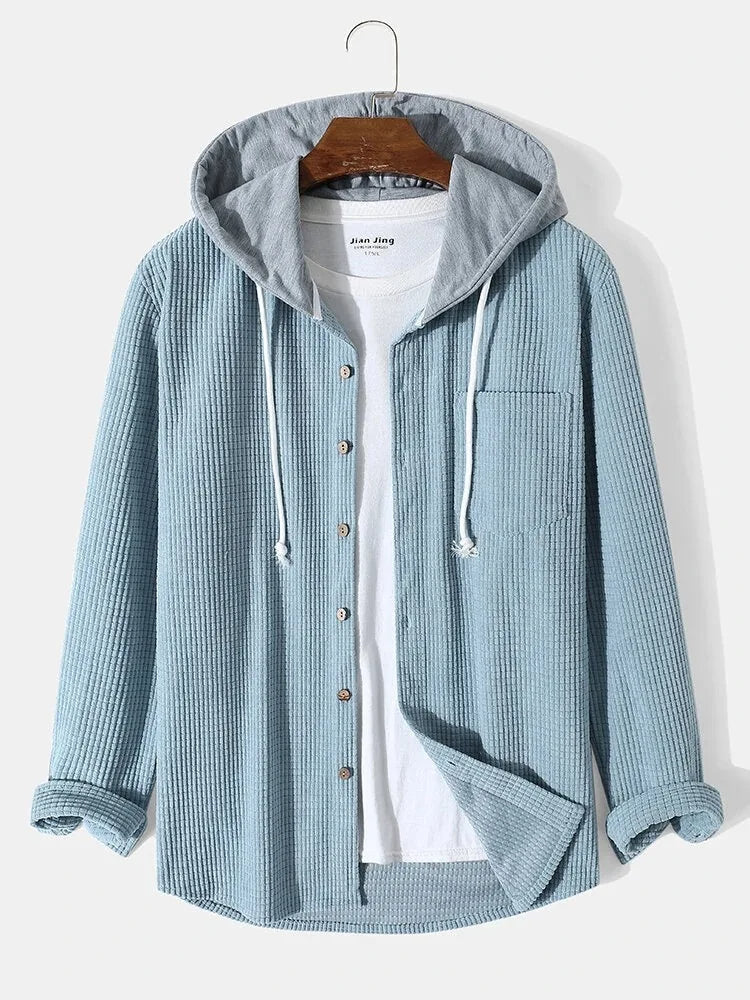 Men's laidback knit hoodie shirt, a comfortable casual long-sleeve button-up knitwear for everyday wear.