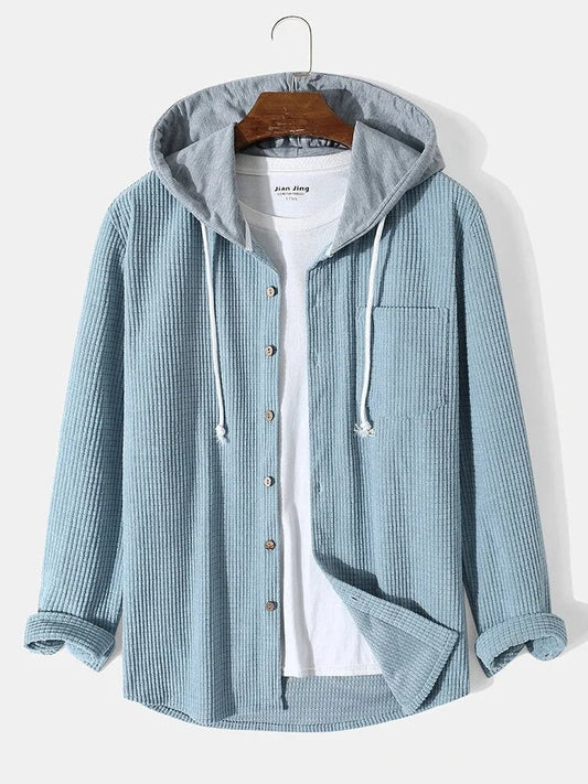Men's laidback knit hoodie shirt, a comfortable casual long-sleeve button-up knitwear for everyday wear.