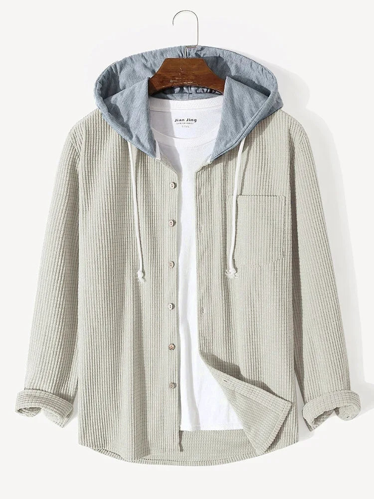 Men's laidback knitwear hoodie shirt. Comfortable long-sleeve button-up, perfect for casual layering.