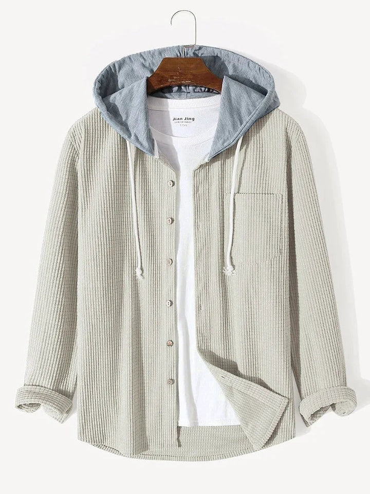 Men's laidback knitwear hoodie shirt. Comfortable long-sleeve button-up, perfect for casual layering.