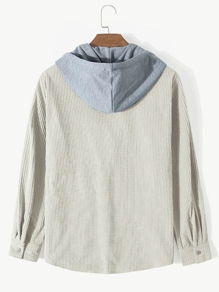 Soft knit men's hoodie shirt. Long-sleeve casual button-up, ideal comfortable everyday laidback style.