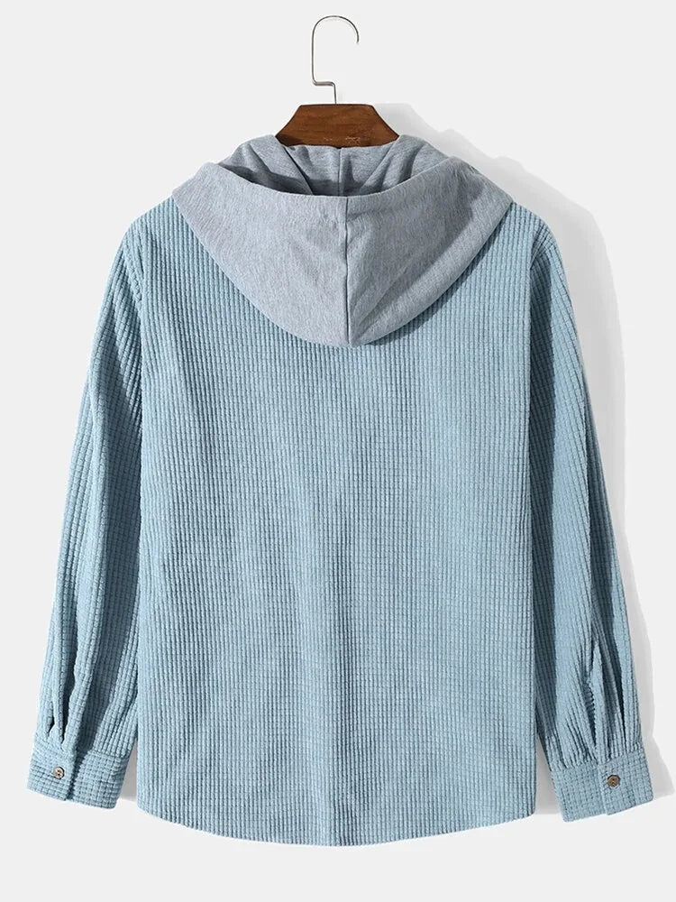 Casual men's knit hoodie shirt with buttons. Comfortable long-sleeve knitwear, perfect for layering.
