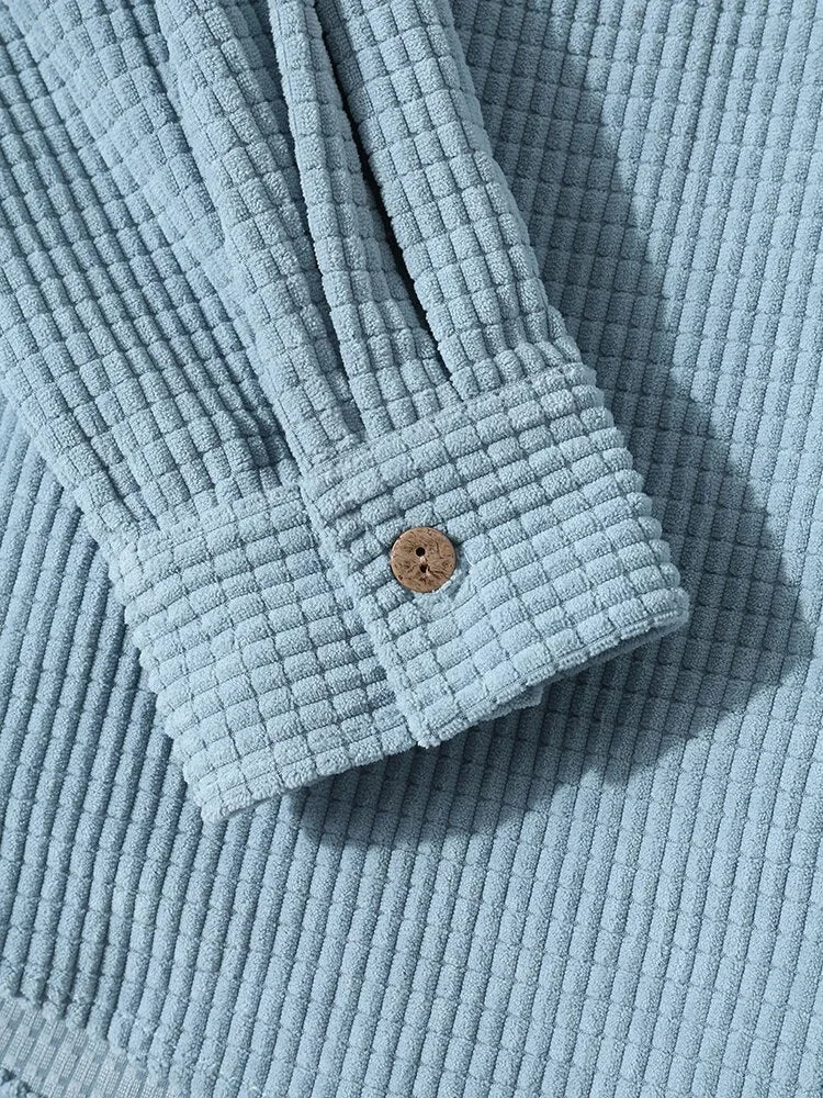 Stylish men's button-up knit hoodie shirt. Soft long-sleeve knitwear for a laidback, comfortable look.