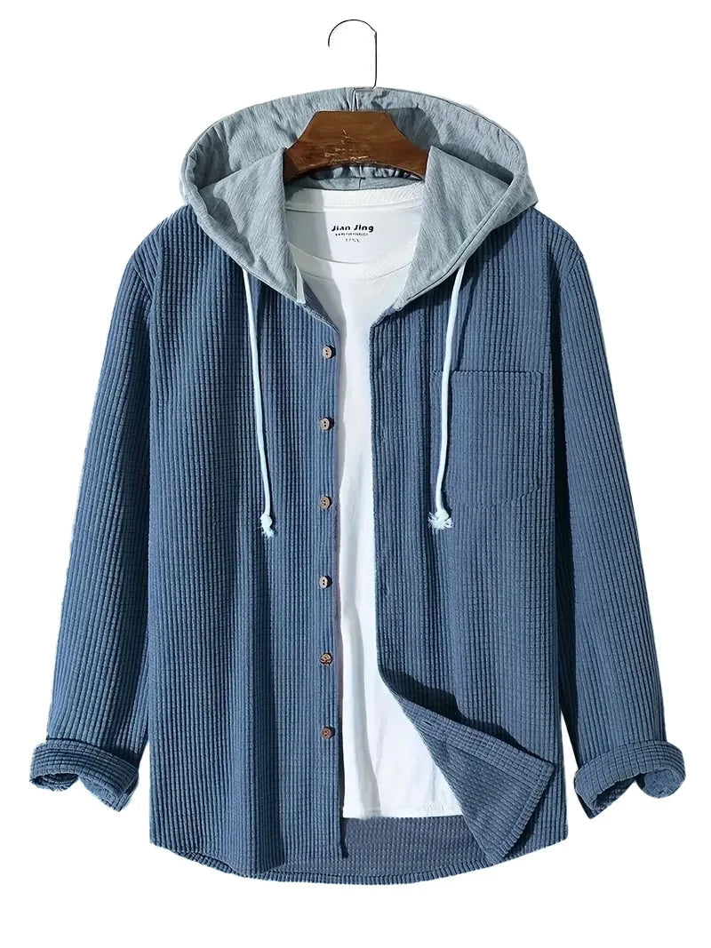 Men's everyday knit hoodie shirt. Casual long-sleeve top with buttons, ideal comfortable knitwear.