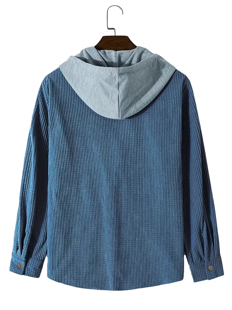 Laidback men's knit hoodie shirt. Versatile long-sleeve casual button-up, soft and comfortable.