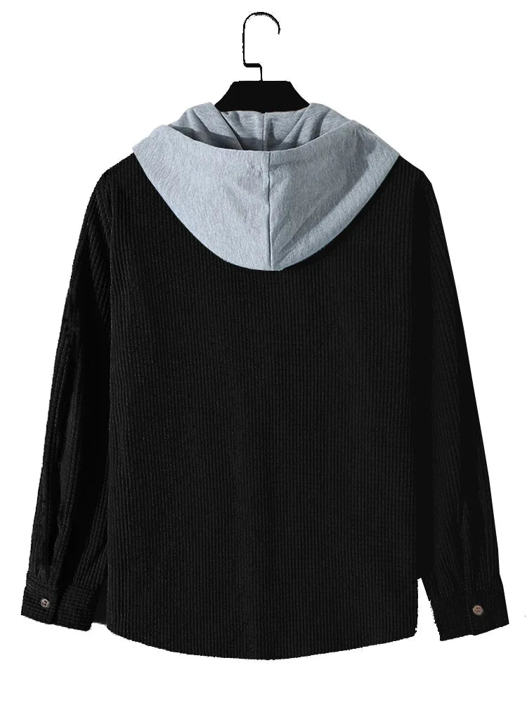 Button-up men's knit hoodie shirt. Casual long-sleeve top for men, soft and stylish everyday knitwear.