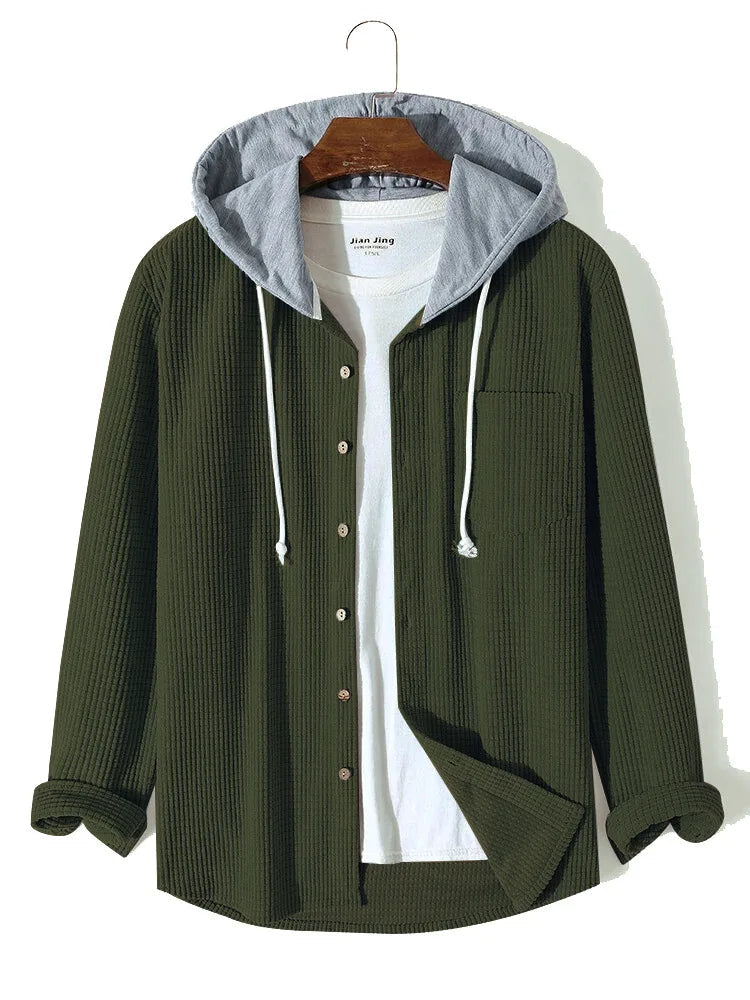 Men's long-sleeve knit hoodie shirt. Laidback button-up design, comfortable casual knitwear for layering.