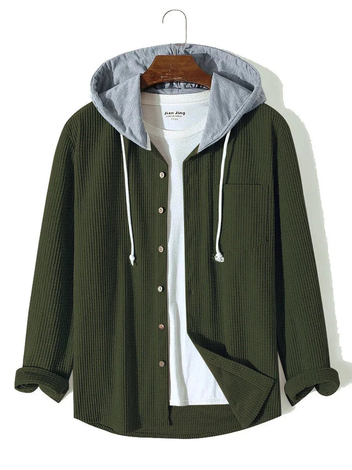 Men's long-sleeve knit hoodie shirt. Laidback button-up design, comfortable casual knitwear for layering.