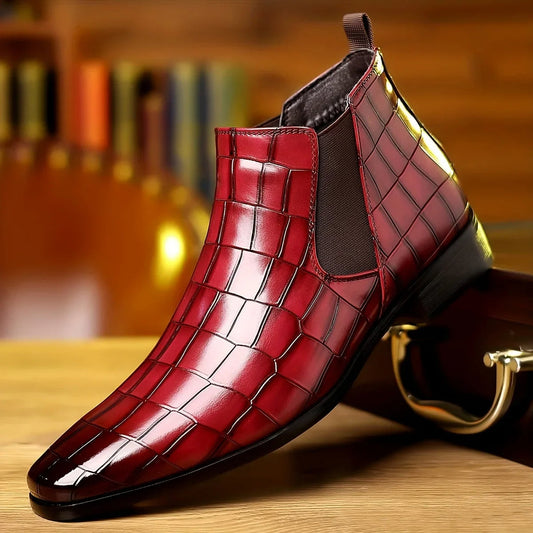 Men's Lancaster Chelsea boots, polished crocodile embossed leather. Stylish slip-on ankle footwear for men.