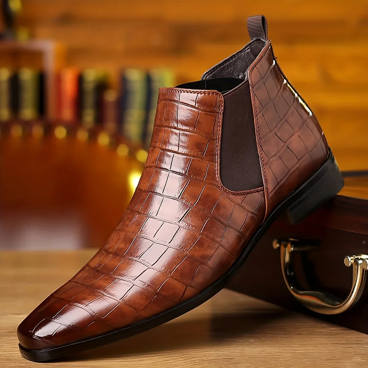 Formal men's Lancaster Chelsea boots. Polished crocodile embossed slip-on dress boots for special occasions.
