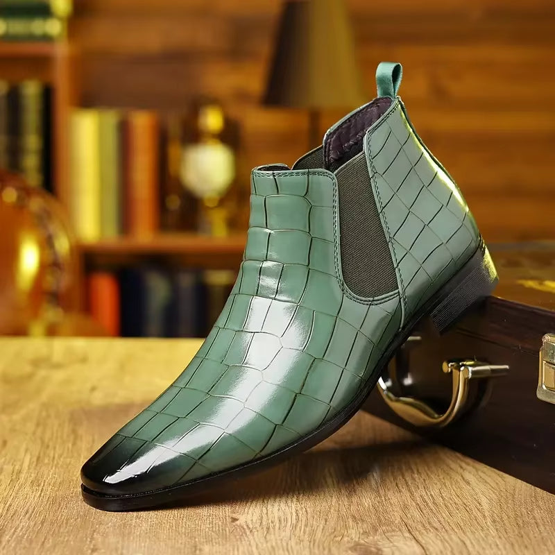 Stylish men's Lancaster Chelsea boots. Polished crocodile embossed leather, perfect fashion boots for men.