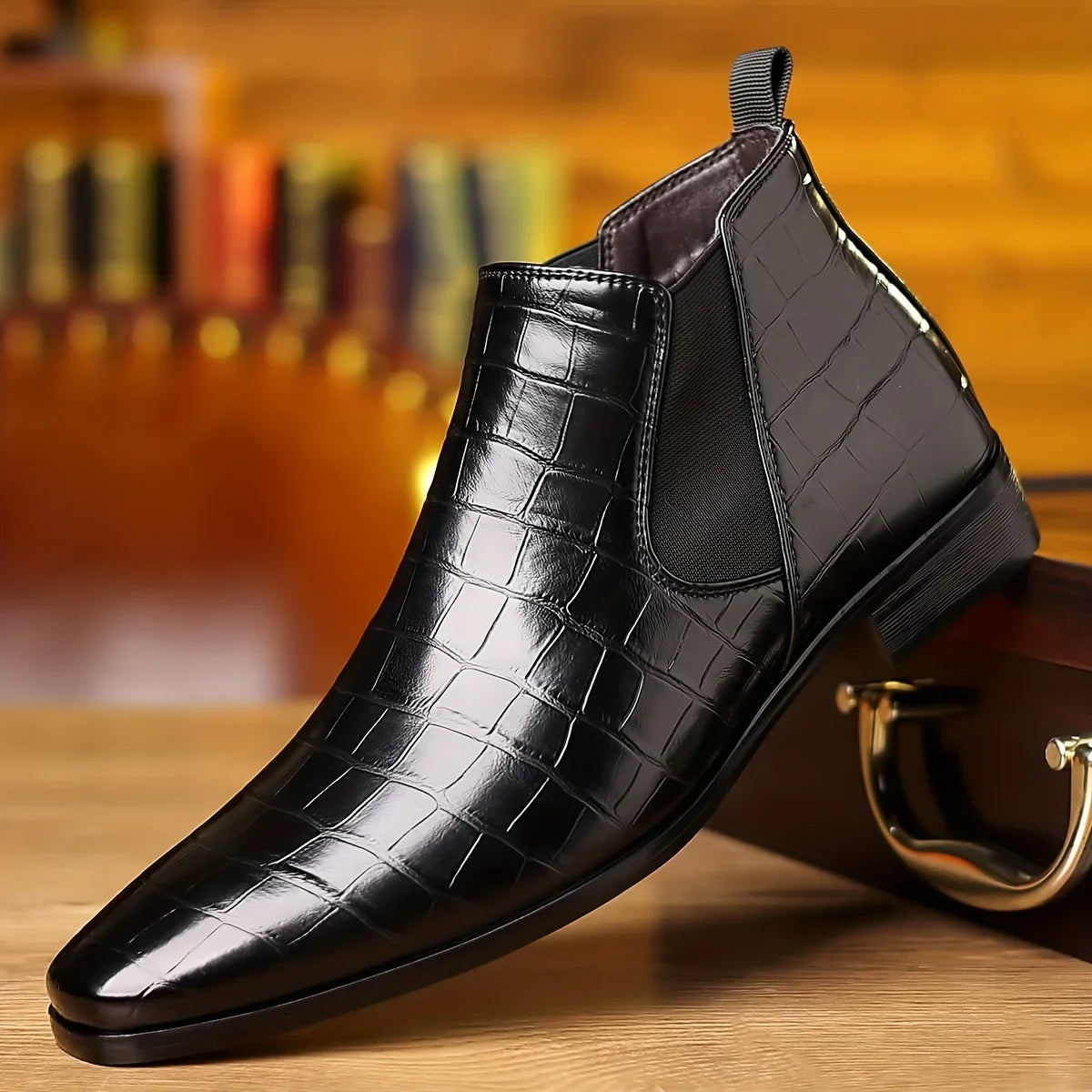 Lancaster men's polished Chelsea boots. Crocodile embossed slip-on ankle boots, blending comfort & style.