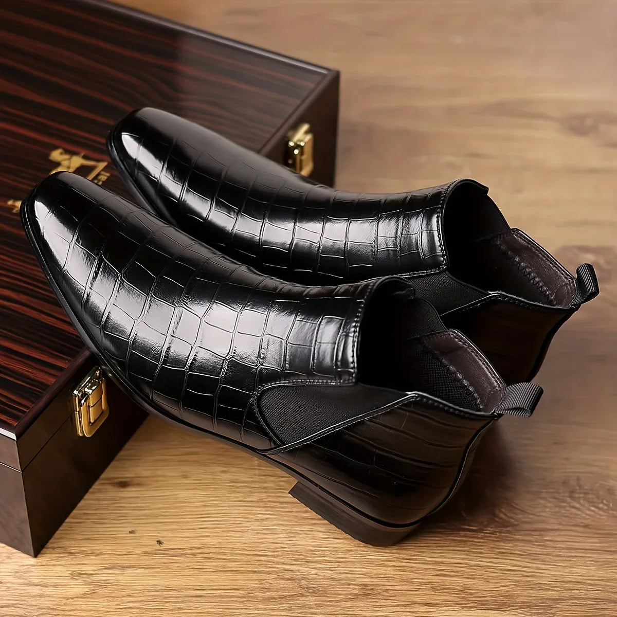 Men's formal Lancaster Chelsea boots. Polished slip-on dress boots with stylish crocodile embossed detail.
