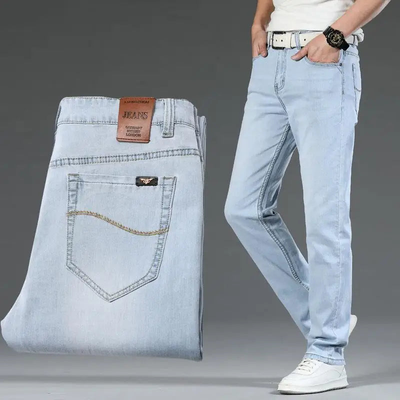 Men's Langford Classic Stretch Denim Jeans in blue. Comfortable straight leg fit for everyday casual wear.