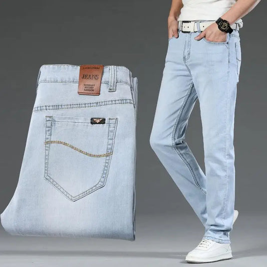 Men's Langford Classic Stretch Denim Jeans in blue. Comfortable straight leg fit for everyday casual wear.