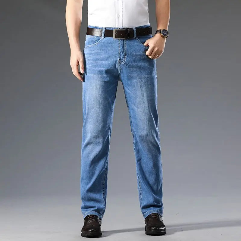 Comfortable men's stretch denim jeans, classic straight leg design perfect for all-day wear & durability.