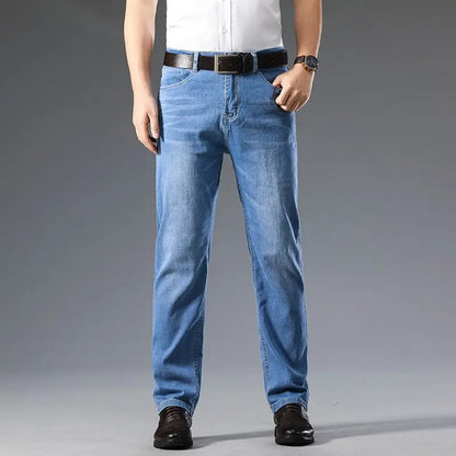 Comfortable men's stretch denim jeans, classic straight leg design perfect for all-day wear & durability.