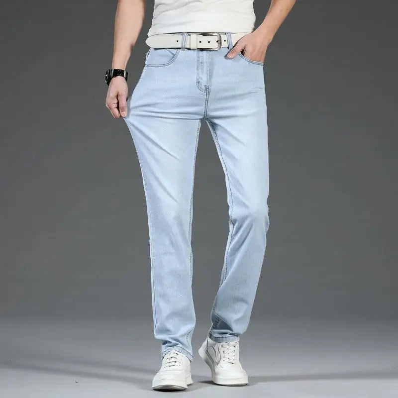 Stylish men's classic blue denim jeans by Langford. Versatile stretch denim for modern casual fashion.