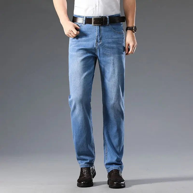 Durable Langford men's blue stretch denim jeans, ideal for everyday wear. Classic straight leg fit for comfort.