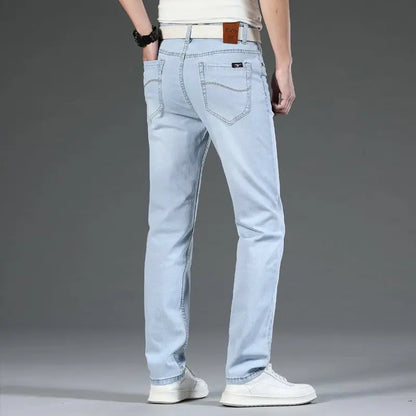 Close-up of Langford men's classic stretch blue denim jeans, highlighting durable fabric and everyday comfort.