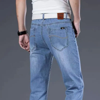 Back view of men's Langford classic blue stretch denim jeans, featuring signature pockets & straight leg cut.