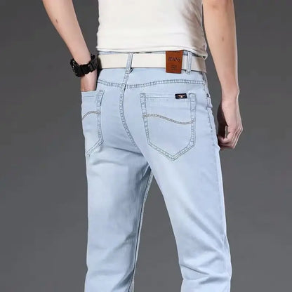 Front view of Langford men's classic stretch blue denim jeans, perfect for casual style and everyday comfort.