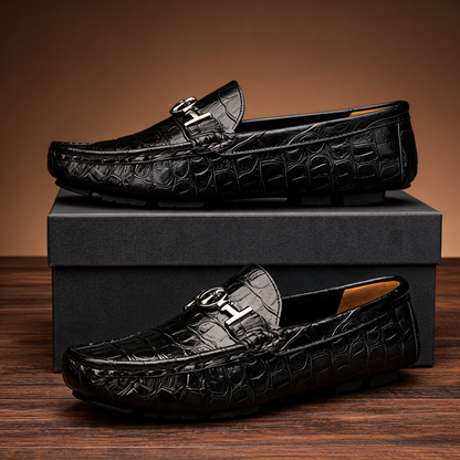 Men's LANGSTON driving shoes, offering slip-on comfort and a luxurious crocodile pattern for stylish men.