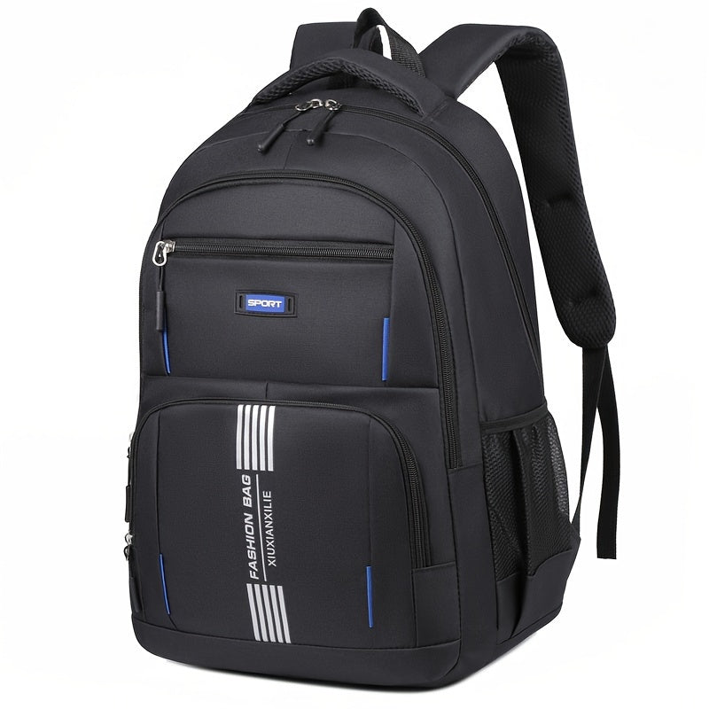 Close-up of a men's large capacity black travel backpack, highlighting its durable fabric.
