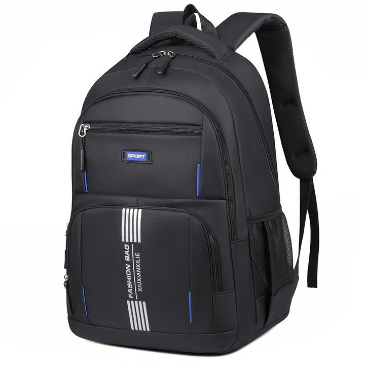 Close-up of a men's large capacity black travel backpack, highlighting its durable fabric.