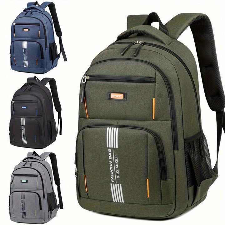 Ergonomic green men's large capacity backpack, comfortable for daily wear and extended travel.