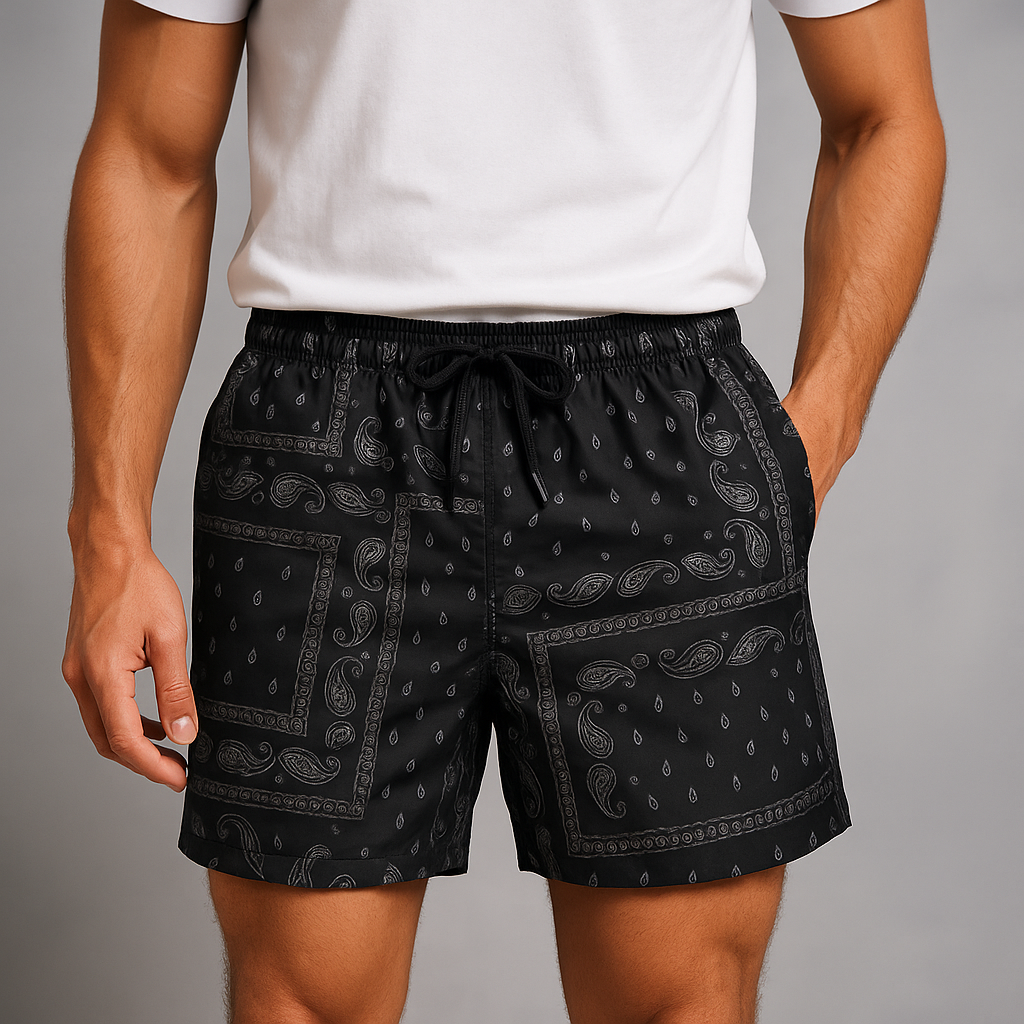 Comfy men's drawstring shorts in a retro paisley print, perfect for workouts or casual wear.