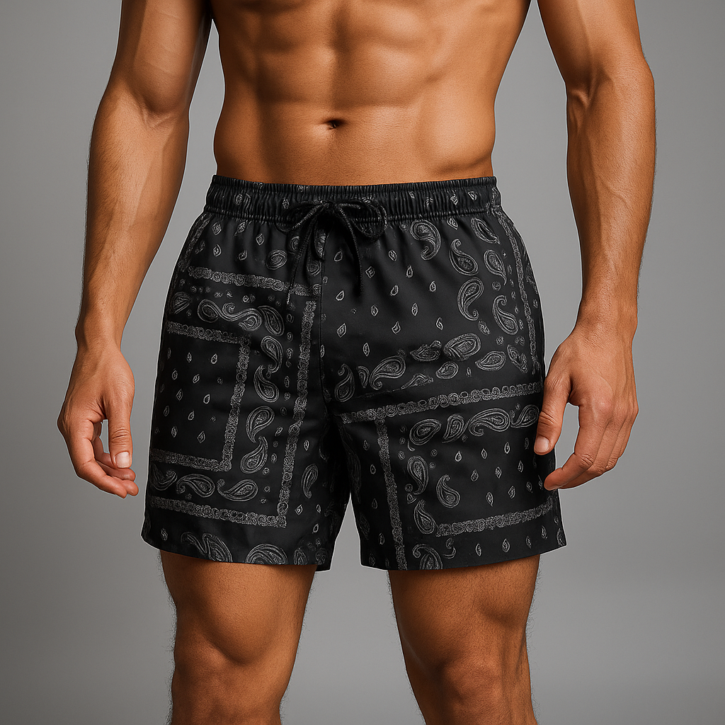 Legends men's retro athletic shorts with a stylish paisley print, ideal for workouts & streetwear.