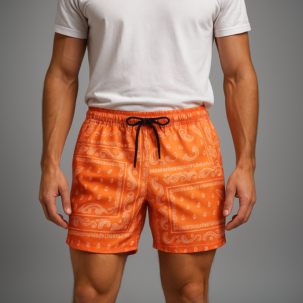 Vibrant paisley print men's retro athletic shorts by Legends, great for workouts & casual style.